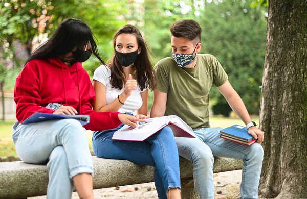 Three students studying together sitting on a bench outdoor and wearing masks during coronavirus times