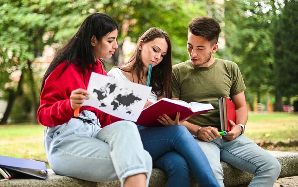 Három Diák Együtt Tanul Egy Padon Ülve — Stock Fotó