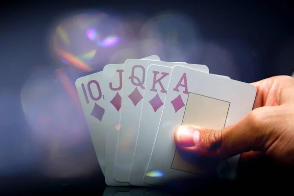 Man Hand Holding Royal Flush While Playing Winning Game Poker — Stock Photo, Image