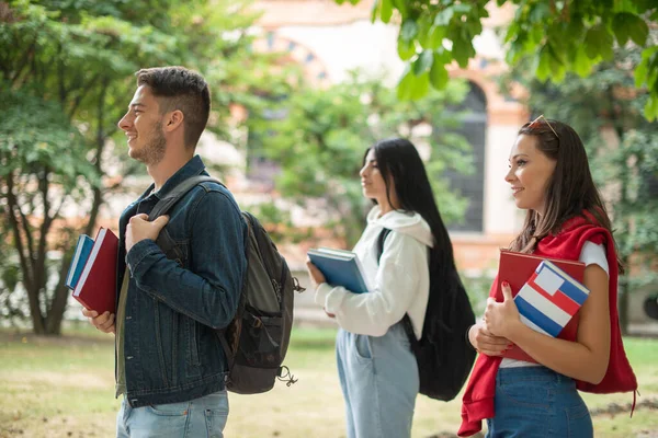 Groep Jonge Studenten Wandelend Buurt Van Schoolpark — Stockfoto