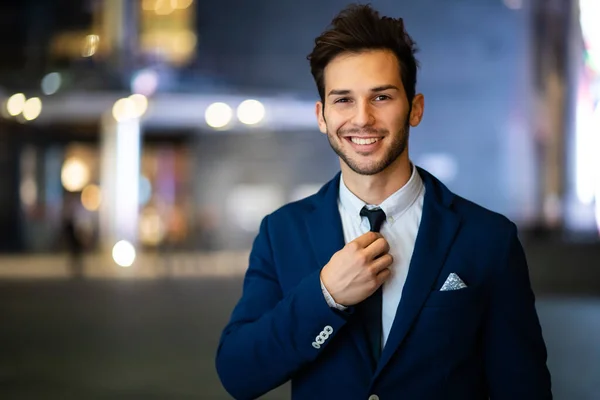 Young Businessman Adjusting His Look Outdoor Evening — Stock Photo, Image