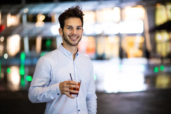 Young Man Holding Drink Night Club Outdoor — Stock Photo, Image