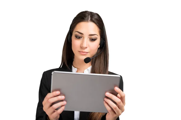 Woman Participating Remote Meeting Using Tablet Headset — Stock Photo, Image