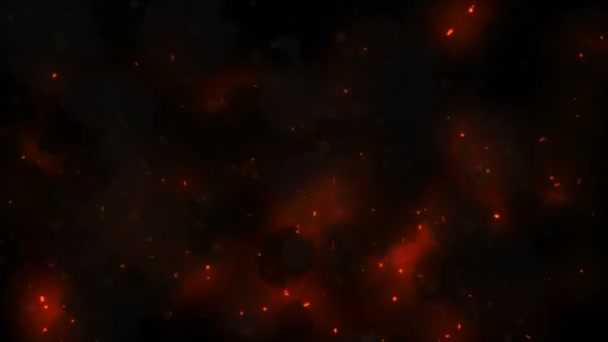 Égő vörös forró szikra emelkedik a nagy tűz az éjszakai égen. Gyönyörű absztrakt háttér a téma a tűz, a fény és az élet. Tüzes narancssárga izzó repülő részecskék felett fekete háttér — Stock videók