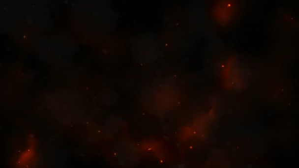 Brûlant étincelles chaudes rouges se lèvent d'un grand feu dans le ciel nocturne. Beau fond abstrait sur le thème du feu, de la lumière et de la vie. Particules volantes orange flamboyantes sur fond noir — Video