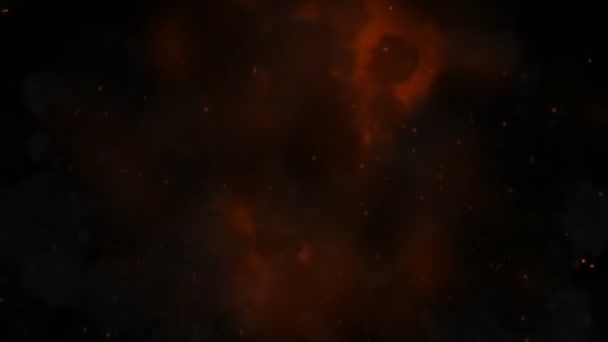 Glühend heiße Funken steigen aus einem großen Feuer in den Nachthimmel auf. schönen abstrakten Hintergrund zum Thema Feuer, Licht und Leben. feurig orange glühende fliegende Partikel über schwarzem Hintergrund — Stockvideo