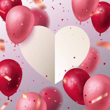 Uçan kırmızı ve pembe balonların, beyaz kağıt kesiği kalp pankartı ve kalp şeklindeki konfetilerin vektör tatil illüstrasyonu. Şenlik dekorasyonu. Vektör Stoğu illüstrasyonu.