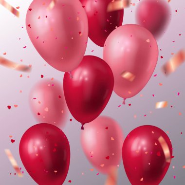 Uçan kırmızı ve pembe balonların, beyaz kağıt kesiği kalp pankartı ve kalp şeklindeki konfetilerin vektör tatil illüstrasyonu. Şenlik dekorasyonu. Vektör Stoğu illüstrasyonu.