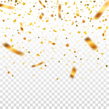Stok vektör illüstrasyonu, şeffaf bir arkaplanda izole edilmiş altın konfetisini dağıttı. EPS 10. Yeni yıl, doğum günü, sevgililer günü tasarım öğesi. Tatil arkaplanı.