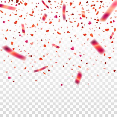 Stok vektör illüstrasyonu, şeffaf bir arkaplanda izole edilmiş kırmızı ve pembe konfetilerin dikkatini dağıttı. EPS 10. Yeni yıl, doğum günü, sevgililer günü tasarım öğesi. Tatil arkaplanı.