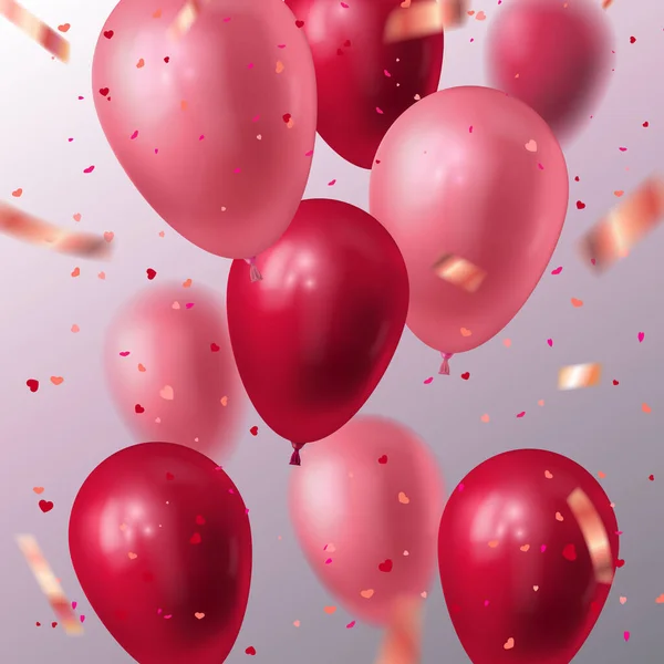 Uçan kırmızı ve pembe balonların, beyaz kağıt kesiği kalp pankartı ve kalp şeklindeki konfetilerin vektör tatil illüstrasyonu. Şenlik dekorasyonu. Vektör Stoğu illüstrasyonu.