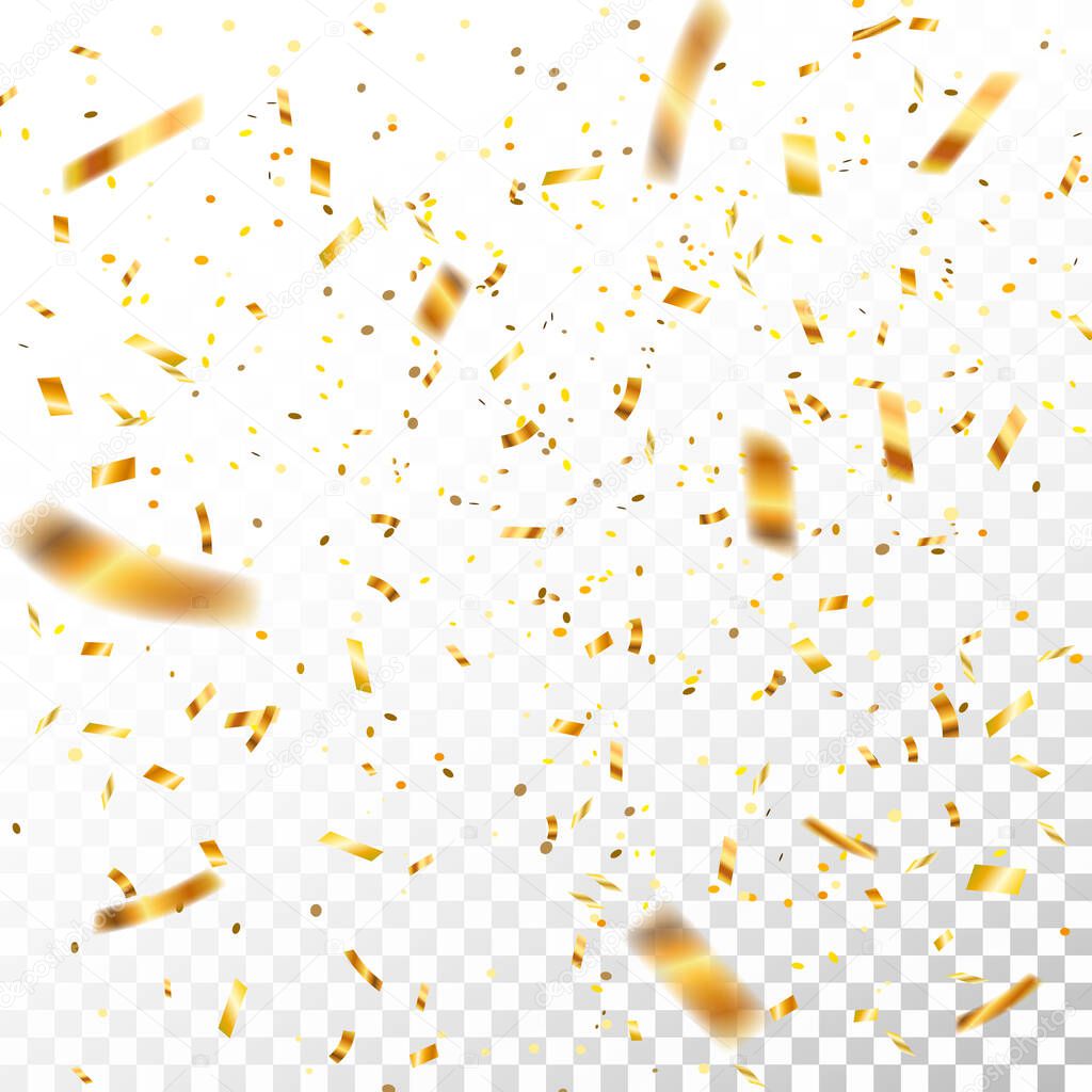 Stock vector illustration defocused gold confetti isolated on a transparent background. EPS 10. New year, birthday, valentines day design element. Holiday background.