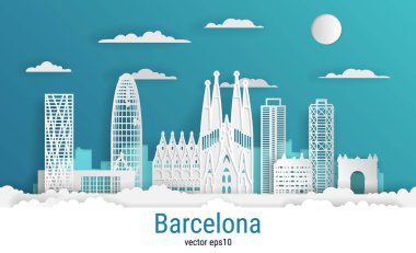 Kağıt kesimi tarzı Barcelona şehri, beyaz renkli kağıt, vektör stok çizimi. Tüm ünlü binaların olduğu şehir manzarası. Tasarım için Skyline Barcelona şehir kompozisyonu.