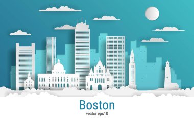 Kağıt kesim tarzı Boston şehri, beyaz renkli kağıt, vektör stok çizimi. Tüm ünlü binaların olduğu şehir manzarası. Tasarım için Skyline Boston şehir kompozisyonu.