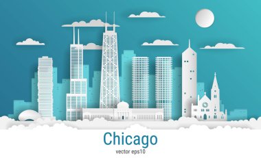Kağıt kesim stili Chicago şehri, beyaz renkli kağıt, vektör stok çizimi. Tüm ünlü binaların olduğu şehir manzarası. Skyline Chicago tasarım için şehir kompozisyonu.