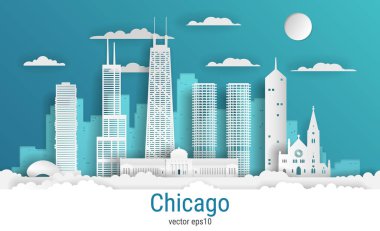 Paper cut style Chicago city, white color paper, vector stock illustration. Cityscape with all famous buildings. Skyline Chicago city composition for design. clipart