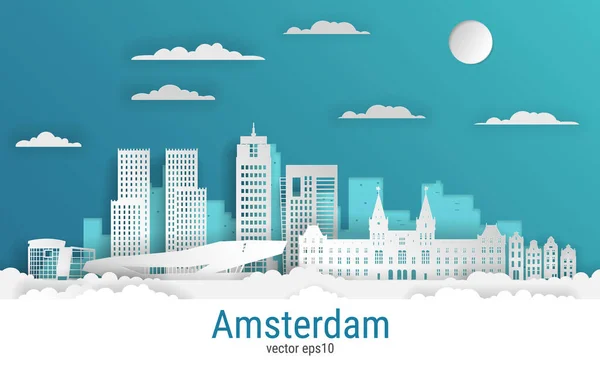 Kağıt kesim tarzı Amsterdam şehri, beyaz renkli kağıt, vektör stok çizimi. Tüm ünlü binaların olduğu şehir manzarası. Tasarım için Skyline Amsterdam şehir bileşimi.