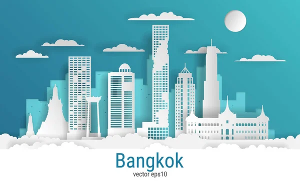 Kağıt kesim tarzı Bangkok şehri, beyaz renkli kağıt, vektör stok çizimi. Tüm ünlü binaların olduğu şehir manzarası. Skyline Bangkok şehir tasarımı.