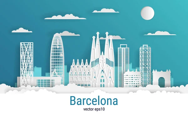 Kağıt kesimi tarzı Barcelona şehri, beyaz renkli kağıt, vektör stok çizimi. Tüm ünlü binaların olduğu şehir manzarası. Tasarım için Skyline Barcelona şehir kompozisyonu.