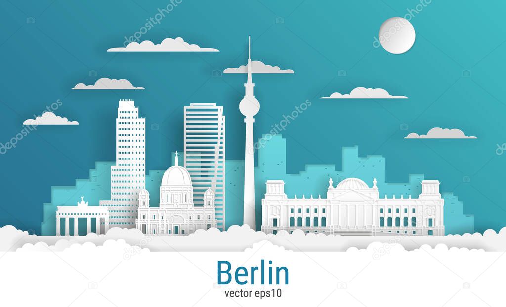 Paper cut style Berlin city, white color paper, vector stock illustration. Cityscape with all famous buildings. Skyline Berlin city composition for design.