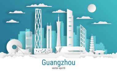 Kağıt kesim stili Guangzhou şehri, beyaz renkli kağıt, vektör stoku çizimi. Tüm ünlü binaların olduğu şehir manzarası. Skyline Guangzhou şehir tasarımı.