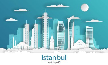 Kağıt kesim tarzı İstanbul şehri, beyaz renkli kağıt, vektör stok çizimi. Tüm ünlü binaların olduğu şehir manzarası. Tasarım için Skyline İstanbul şehir kompozisyonu.