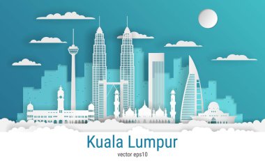 Kağıt kesim tarzı Kuala Lumpur şehri, beyaz renkli kağıt, vektör stoku çizimi. Tüm ünlü binaların olduğu şehir manzarası. Tasarım için Skyline Kuala Lumpur şehir bileşimi.