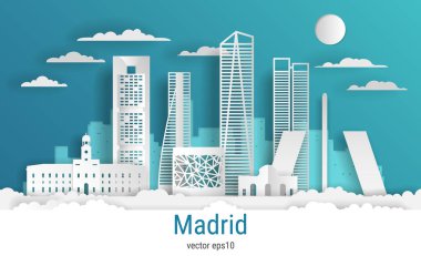 Kağıt kesim tarzı Madrid şehri, beyaz renkli kağıt, vektör stok çizimi. Tüm ünlü binaların olduğu şehir manzarası. Dizayn için Skyline Madrid şehir kompozisyonu.