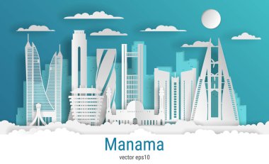 Kağıt kesim tarzı Manama şehri, beyaz renkli kağıt, vektör stoku çizimi. Tüm ünlü binaların olduğu şehir manzarası. Skyline Manama şehir tasarımı kompozisyonu.