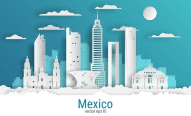Kağıt kesim tarzı Mexico City, beyaz renkli kağıt, vektör stok çizimi. Tüm ünlü binaların olduğu şehir manzarası. Skyline Mexico City tasarım kompozisyonu.