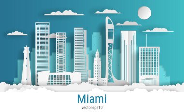 Kağıt kesim stili Miami şehri, beyaz renkli kağıt, vektör stok çizimi. Tüm ünlü binaların olduğu şehir manzarası. Dizayn için Skyline Miami şehir kompozisyonu.