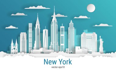 Kağıt kesim stili New York şehri, beyaz renkli kağıt, vektör stok çizimi. Tüm ünlü binaların olduğu şehir manzarası. Tasarım için Skyline New York şehir kompozisyonu.