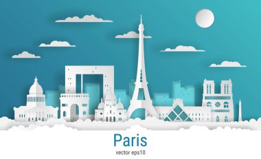 Kağıt kesim tarzı Paris şehri, beyaz renkli kağıt, vektör stok çizimi. Tüm ünlü binaların olduğu şehir manzarası. Skyline Paris tasarım için şehir kompozisyonu.
