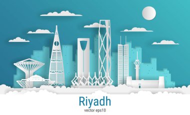 Kağıt kesim stili Riyad şehri, beyaz renkli kağıt, vektör stoku çizimi. Tüm ünlü binaların olduğu şehir manzarası. Tasarım için Skyline Riyad şehir kompozisyonu.