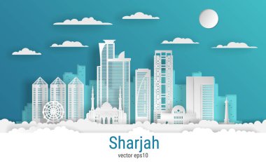 Kağıt kesim tarzı Sharjah şehri, beyaz renkli kağıt, vektör stoku çizimi. Tüm ünlü binaların olduğu şehir manzarası. Tasarım için Skyline Sharjah şehir kompozisyonu.