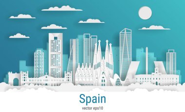 Kağıt kesim tarzı İspanya, beyaz renkli kağıt, vektör stok çizimi. Tüm ünlü binaların olduğu şehir manzarası. Dizayn için Skyline Madrid şehir kompozisyonu.