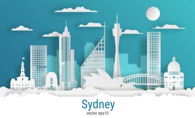 Kağıt kesim tarzı Sydney şehri, beyaz renkli kağıt, vektör stok çizimi. Tüm ünlü binaların olduğu şehir manzarası. Skyline Sydney tasarım için şehir kompozisyonu.