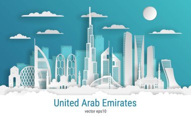 Kağıt kesim stili Birleşik Arap Emirlikleri, beyaz renkli kağıt, vektör stok çizimi. Tüm ünlü binaların olduğu şehir manzarası. Tasarım için Skyline BAE bileşimi.