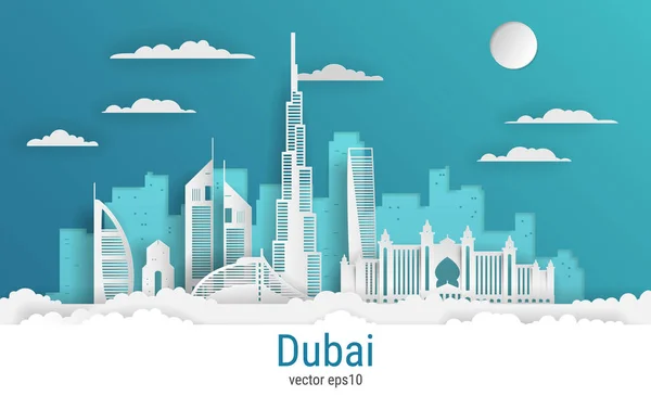 Pappersklipp Stil Dubai Stad Vitt Färgpapper Vektor Stock Illustration Stadsbild — Stock vektor