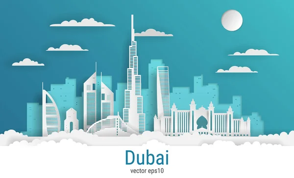 Kağıt kesim stili Dubai şehri, beyaz renkli kağıt, vektör stok çizimi. Tüm ünlü binaların olduğu şehir manzarası. Skyline Dubai şehir tasarımı.