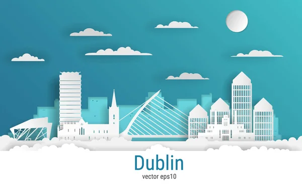 Kağıt kesim tarzı Dublin şehri, beyaz renkli kağıt, vektör stok çizimi. Tüm ünlü binaların olduğu şehir manzarası. Skyline Dublin şehir tasarımı.