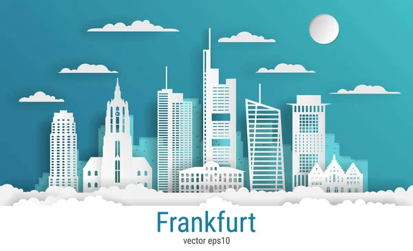 Kağıt kesim tarzı Frankfurt şehri, beyaz renkli kağıt, vektör stok çizimi. Tüm ünlü binaların olduğu şehir manzarası. Skyline Frankfurt şehir tasarımı.