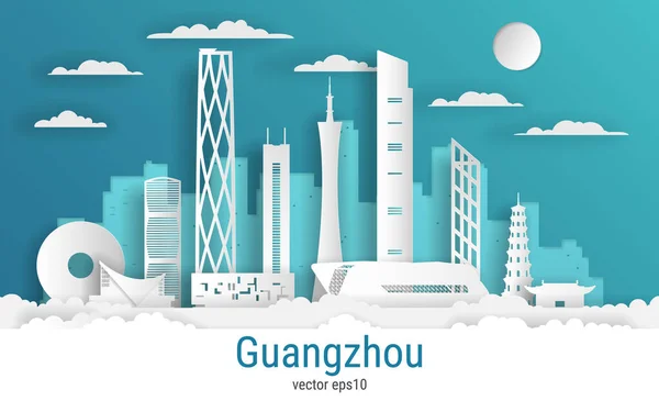 Kağıt kesim stili Guangzhou şehri, beyaz renkli kağıt, vektör stoku çizimi. Tüm ünlü binaların olduğu şehir manzarası. Skyline Guangzhou şehir tasarımı.