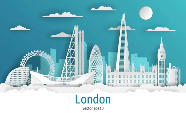Kağıt kesim stili Londra şehri, beyaz renkli kağıt, vektör stok çizimi. Tüm ünlü binaların olduğu şehir manzarası. Skyline Londra tasarım için şehir kompozisyonu.