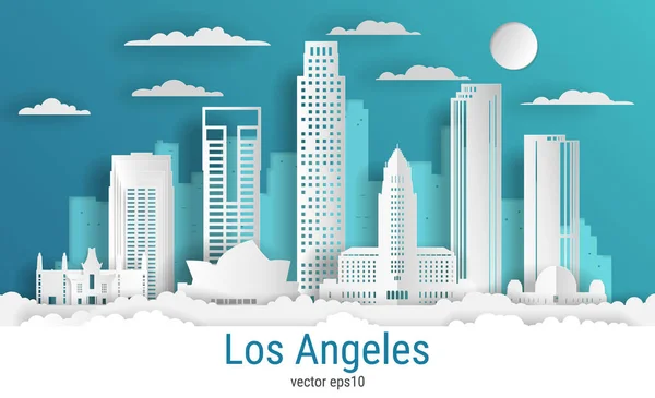 Kağıt kesim tarzı Los Angeles şehri, beyaz renkli kağıt, vektör stok çizimi. Tüm ünlü binaların olduğu şehir manzarası. Skyline Los Angeles şehir tasarımı.