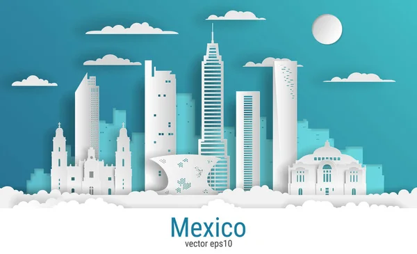 Kağıt kesim tarzı Mexico City, beyaz renkli kağıt, vektör stok çizimi. Tüm ünlü binaların olduğu şehir manzarası. Skyline Mexico City tasarım kompozisyonu.