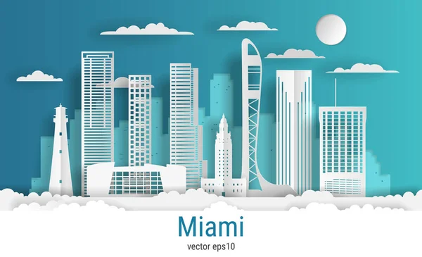Kağıt kesim stili Miami şehri, beyaz renkli kağıt, vektör stok çizimi. Tüm ünlü binaların olduğu şehir manzarası. Dizayn için Skyline Miami şehir kompozisyonu.
