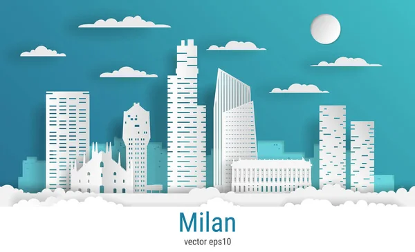 Kağıt kesim tarzı Milan şehri, beyaz renkli kağıt, vektör stok çizimi. Tüm ünlü binaların olduğu şehir manzarası. Tasarım için Skyline Milan şehir kompozisyonu.