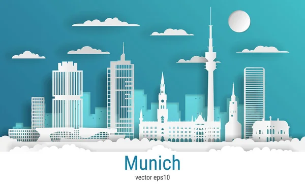 Papier Wyciąć Styl Monachium Miasto Biały Papier Kolorowy Wektor Ilustracji — Wektor stockowy