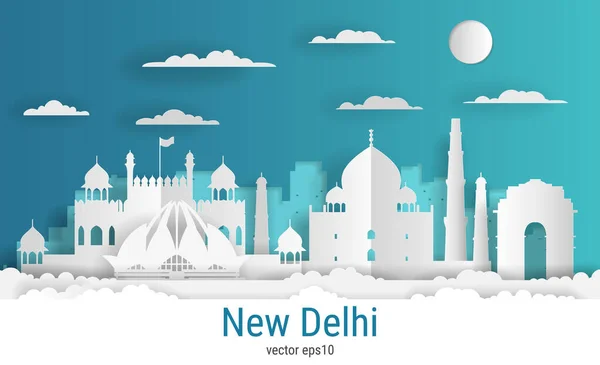 Kağıt kesim stili Yeni Delhi şehri, beyaz renkli kağıt, vektör stok çizimi. Tüm ünlü binaların olduğu şehir manzarası. Skyline Yeni Delhi şehir tasarımı.